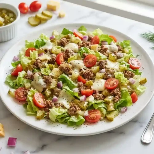 Chopped Cheeseburger Salad with Dill Pickle