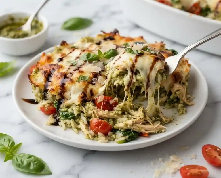 Pesto Chicken Mozzarella Rice Bake
