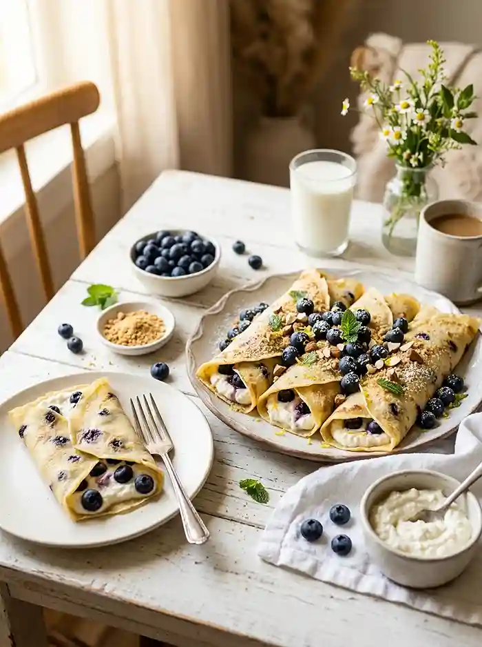 Blueberry Cheesecake Crepes with 30g Protein 4 blueberry cheesecake breakfast