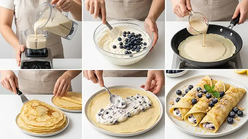 Blueberry Cheesecake Crepes with 30g Protein 3 gluten-free crepes