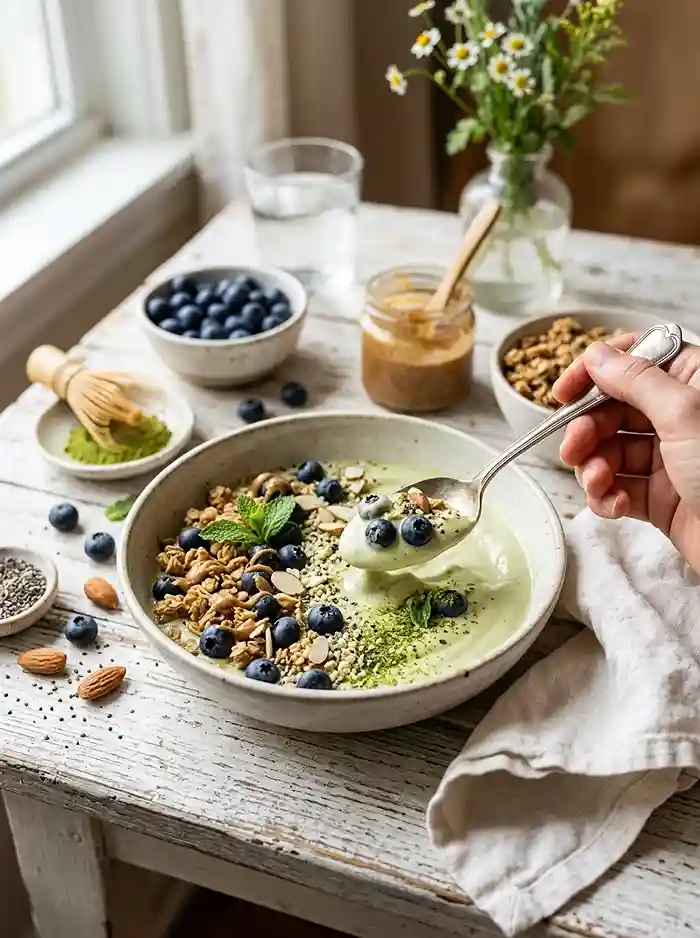 Blueberry Matcha Protein Yogurt Bowl 4 high-protein breakfast