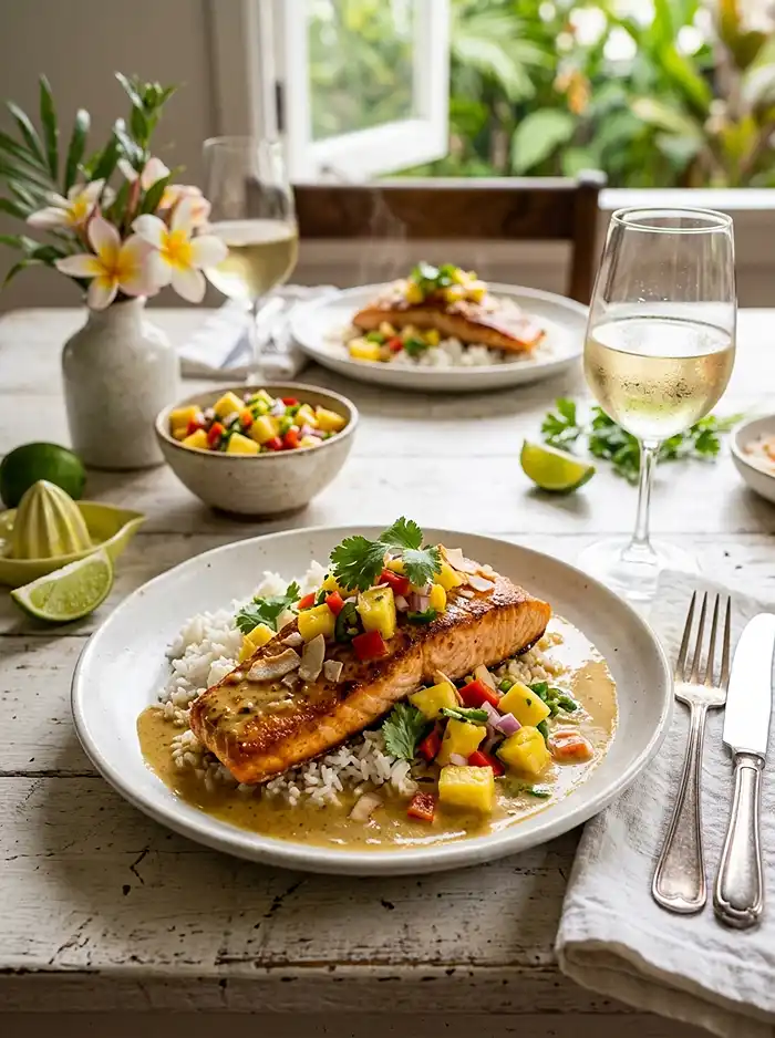 Coconut Curry Salmon with Pineapple Salsa 4 pineapple salsa topping
