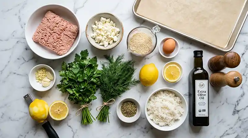 Greek Chicken Feta Meatballs with Lemon Rice 2 gluten-free chicken meatballs