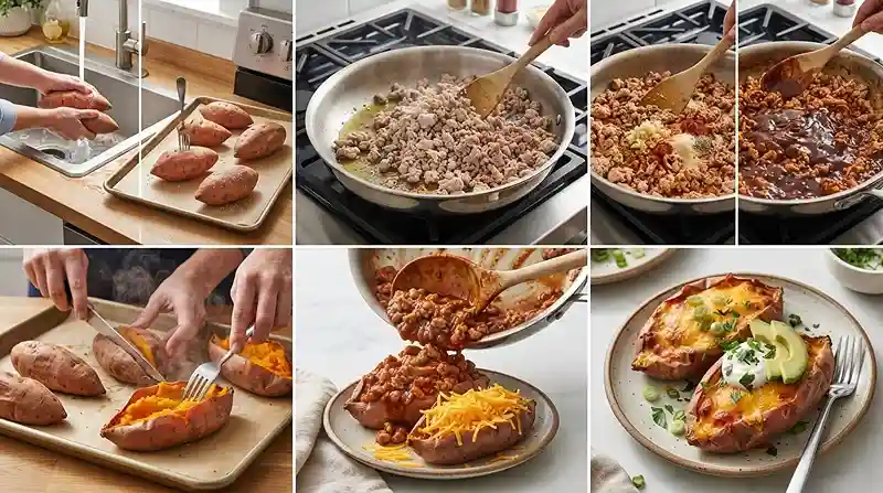 BBQ Cheddar Turkey Stuffed Sweet Potatoes 3 gluten free stuffed sweet potatoes