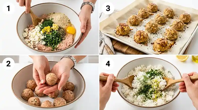 Greek Chicken Feta Meatballs with Lemon Rice 3 greek feta dinner