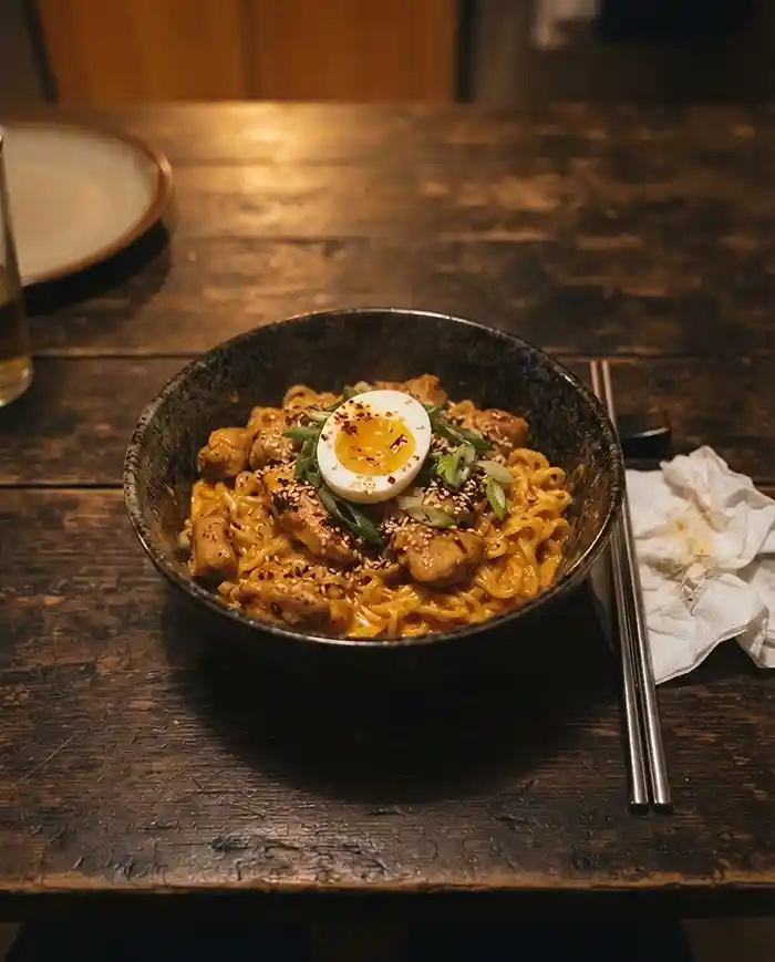 Buldak Carbonara Recipes 7 A bowl of buldak carbonara spicy chicken ramen with tender chicken pieces, a jammy soft-boiled egg, and sesame seeds