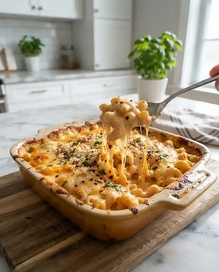 Buldak Carbonara Recipes 4 A spoon scooping stretchy, creamy gluten-free buldak carbonara mac and cheese from a golden-topped baking dish