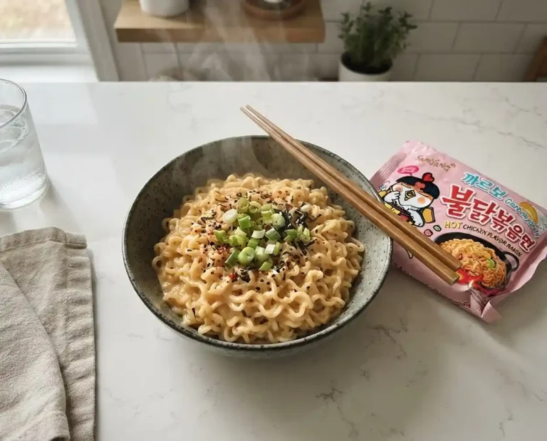 A steaming bowl of creamy buldak carbonara noodles topped with scallions and chili flakes next to a torn-open pink Samyang packet on a white kitchen counter