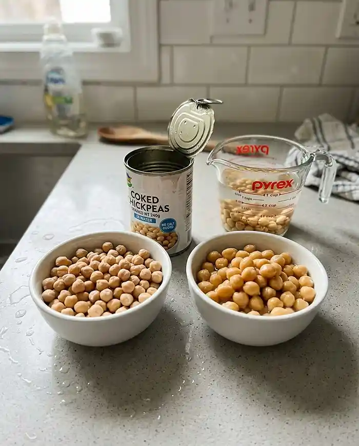 Dried chickpeas and canned chickpeas side by side in bowls for comparison