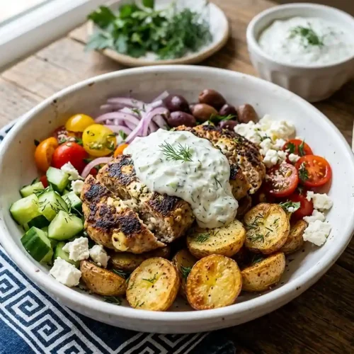 Gluten-Free Greek Turkey Burger Potato Bowls