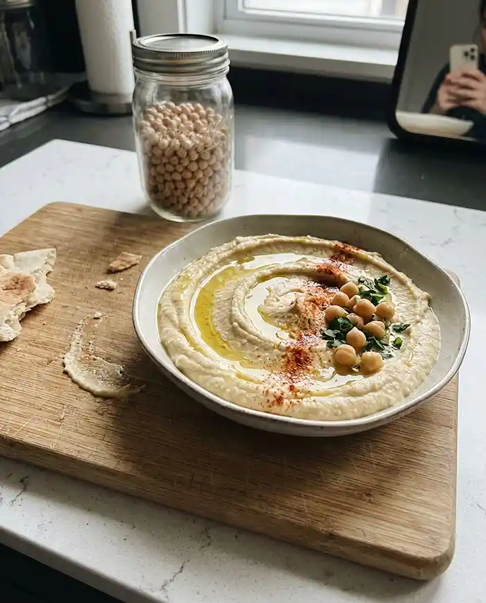 Smooth homemade hummus made from dried chickpeas in a ceramic bowl with olive oil drizzle
