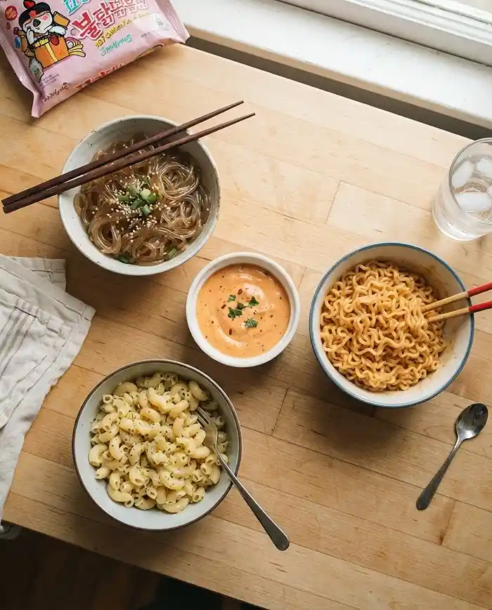 Buldak Carbonara Recipes 10 Three bowls comparing glass noodles, gluten-free pasta, and classic Samyang ramen noodles with buldak carbonara sauce in the center