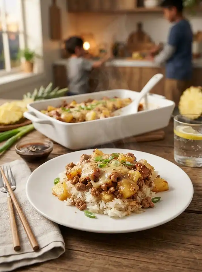 Teriyaki Turkey Pineapple Rice Bake 4 family casserole