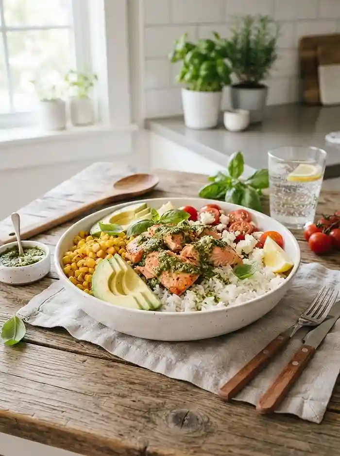 Pesto Salmon Corn Rice Bowls 4 high protein dinner