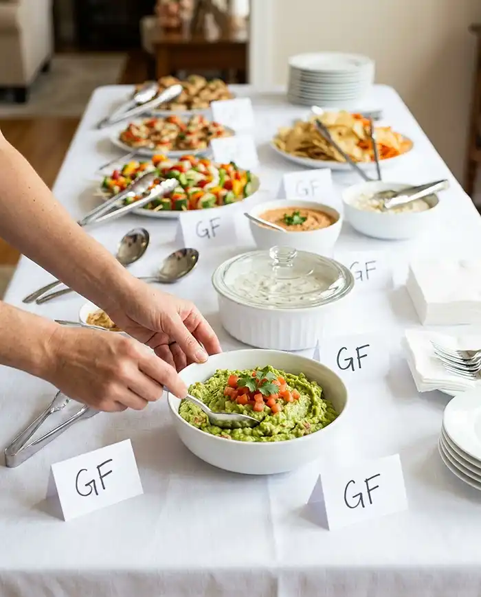 Gluten Free Snacks for Party 7 Celiac-safe buffet of gluten free party snacks with separate serving utensils and GF label cards