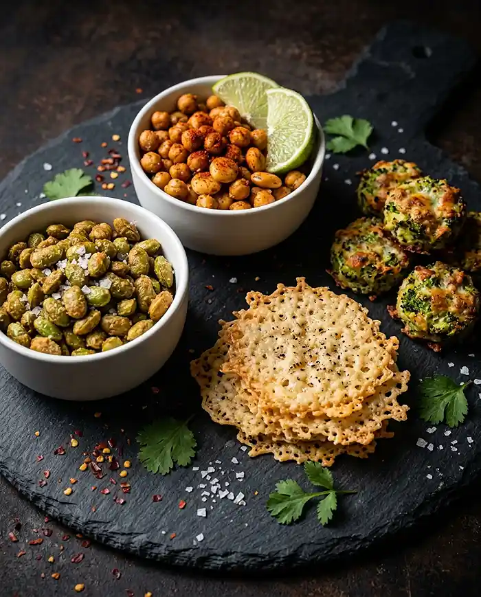 High Protein Gluten Free Snacks 4 Crunchy high protein gluten free snacks with crispy edamame, chili-lime chickpeas, and parmesan crisps