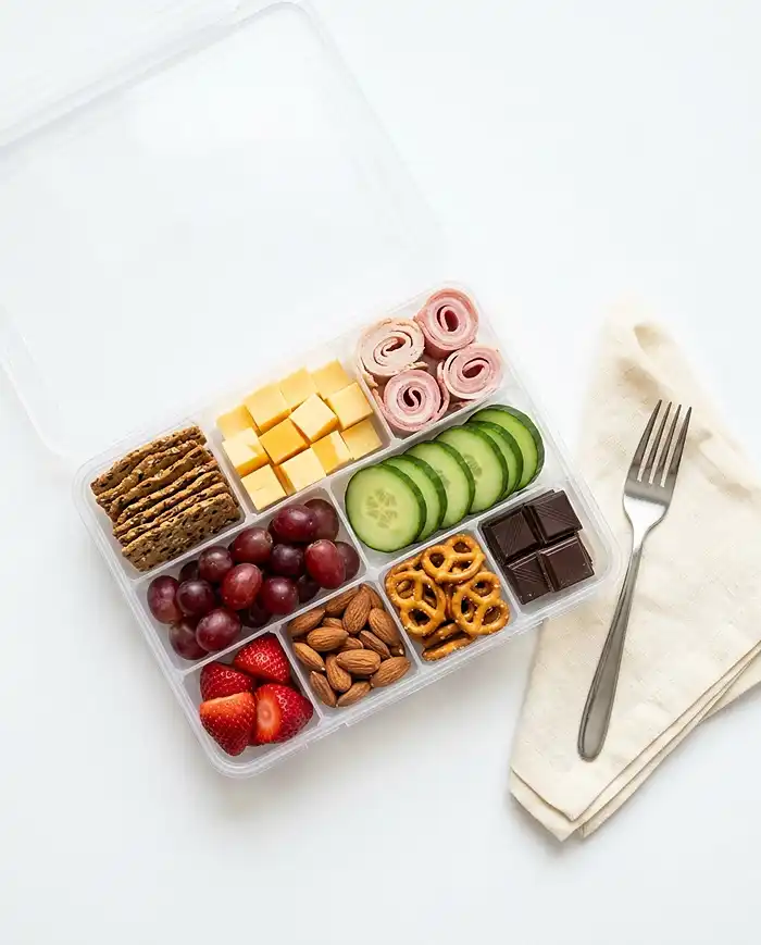 Gluten Free Snacks on the Go 6 DIY bento snackle box of gluten free snacks on the go with crackers, cheese, fruit, and nuts