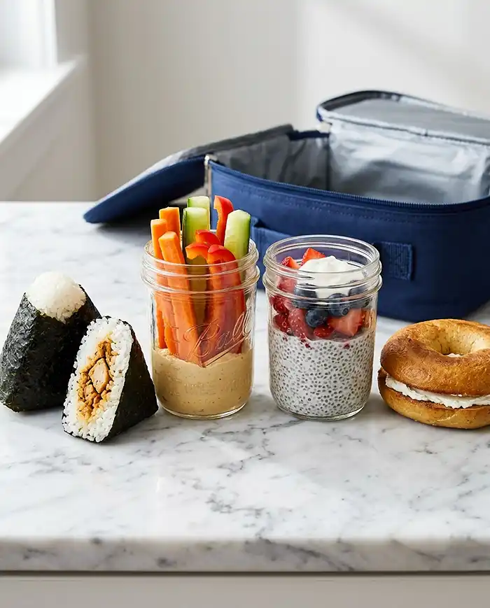 Gluten Free Snacks on the Go 5 Filling gluten free snacks on the go with chicken onigiri, hummus veggie jars, and chia pudding