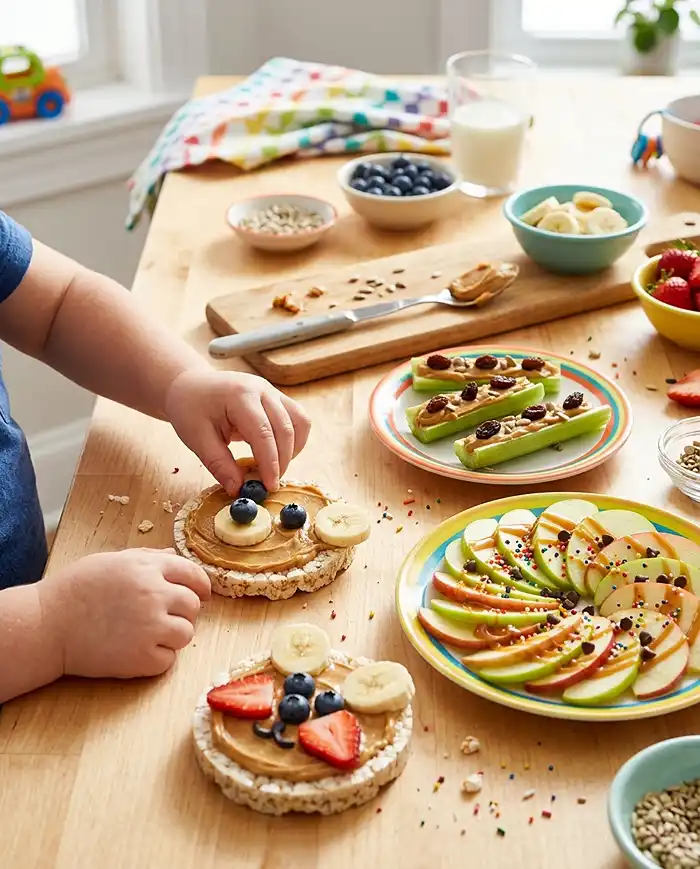 Fun gluten free snacks for kids, with animal-face rice cakes, ants on a log, and apple nachos