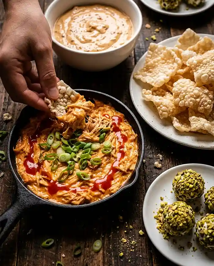Gluten Free Snacks for Party 2 Gluten free party snacks dips with buffalo chicken dip, rice paper chips, and goat cheese pistachio truffles