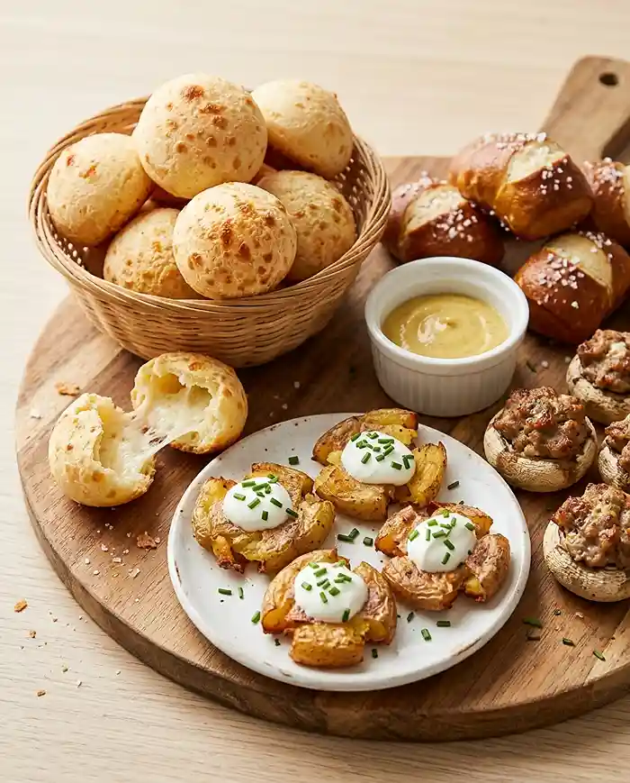 Gluten Free Snacks for Party 4 Gluten free party snacks finger foods including Brazilian cheese bread, pretzel bites, and smashed potatoes
