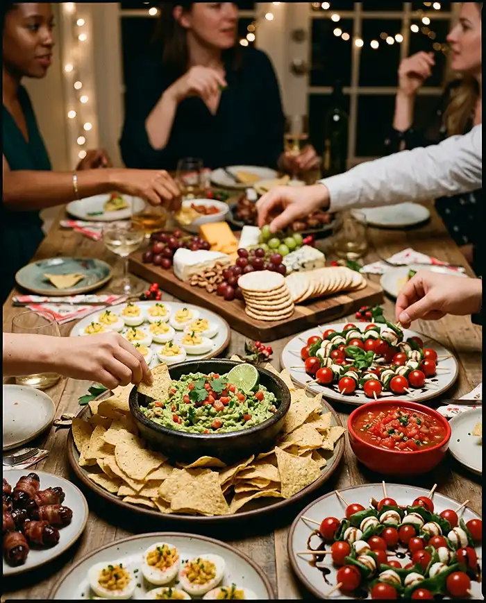 Gluten Free Snacks Ideas 4 Gluten free party snacks ideas with guacamole, salsa, caprese skewers, and deviled eggs on a table