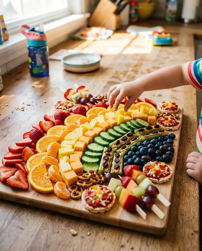 Gluten Free Snacks Ideas 6 Gluten free snacks ideas for kids on a rainbow snack board with fruit, cheese, and ants on a log