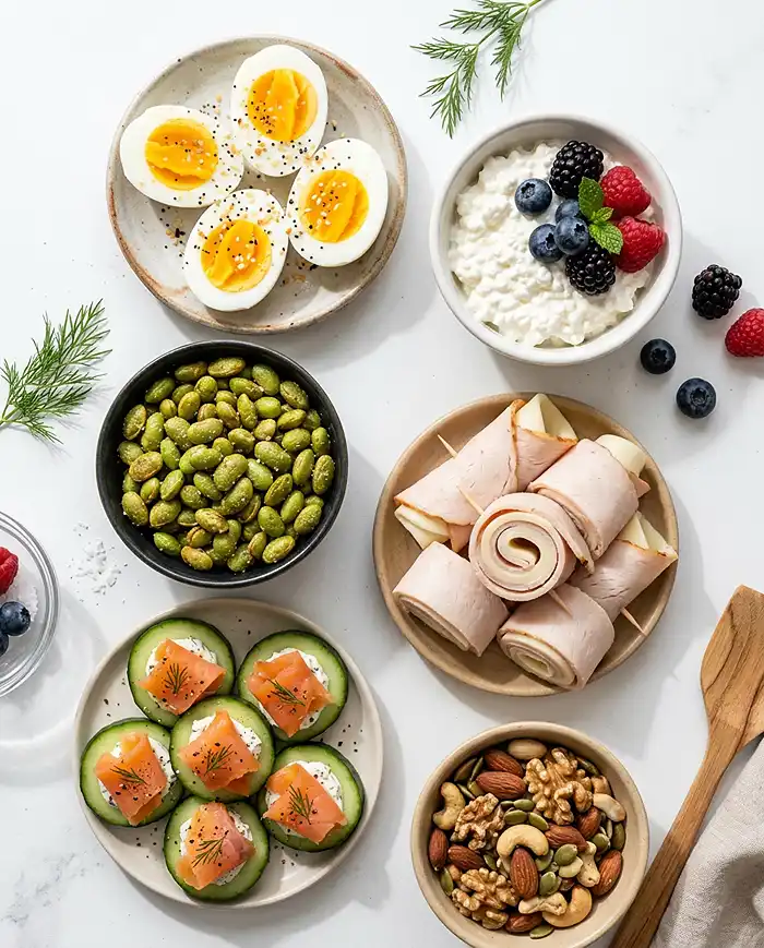Gluten Free Snacks Ideas 5 High protein gluten free snacks ideas including boiled eggs, cottage cheese, edamame, and turkey roll-ups