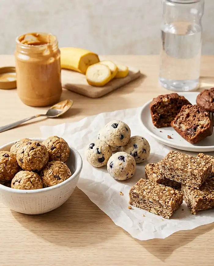 High Protein Gluten Free Snacks 3 High protein gluten free snacks like peanut butter protein balls, energy bars, and chocolate banana muffins