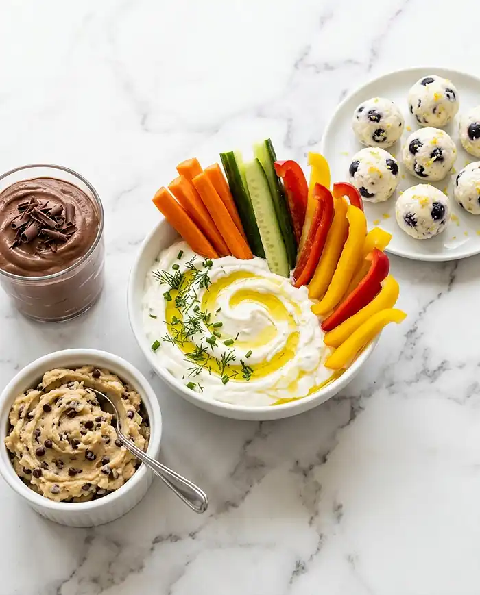 High Protein Gluten Free Snacks 2 High protein gluten free snacks made with cottage cheese, including whipped dip, blueberry bites, and yogurt mousse