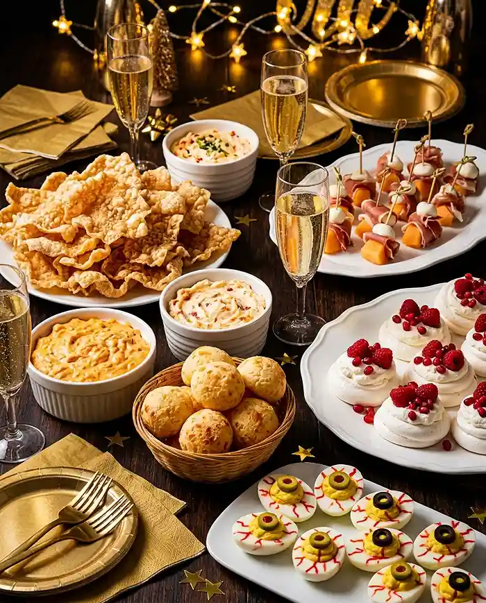 Gluten Free Snacks for Party 8 Holiday grazing table of gluten free party snacks with dips, cheese bread, pavlovas, and deviled egg eyeballs