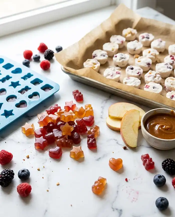 Homemade gluten free snacks for kids, including fruit gummies, yogurt bites, and caramel apple dip