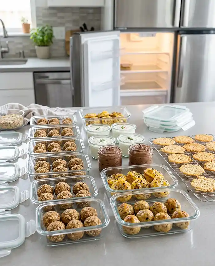 High Protein Gluten Free Snacks 7 Make ahead high protein gluten free snacks portioned into glass containers for the week