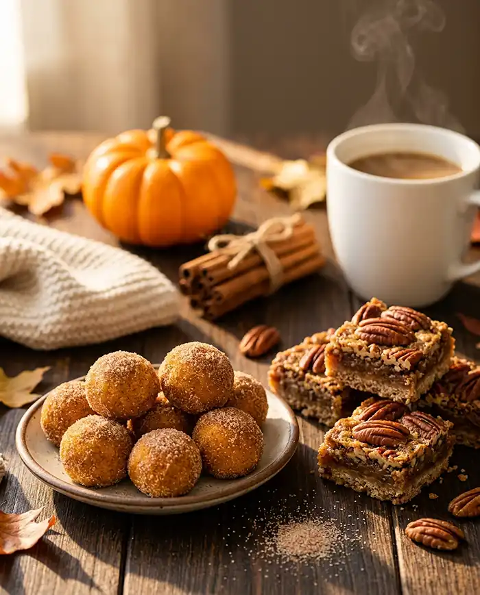 No Bake Gluten Free Snacks 2 No bake gluten free snacks for fall, including pumpkin bites and vegan pecan pie bars