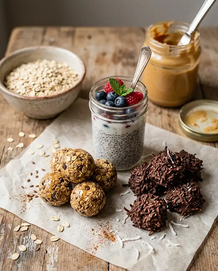 Gluten Free Snacks Ideas 2 No bake gluten free snacks ideas featuring peanut butter energy bites, coconut haystacks, and chia pudding