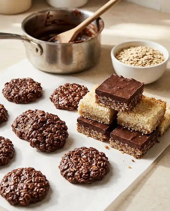 No Bake Gluten Free Snacks 3 No bake gluten free snacks like chocolate oat cookies and coconut bars on parchment paper