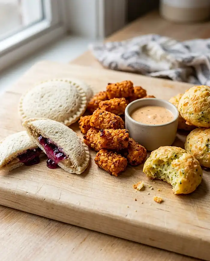Nut free gluten free snacks for kids, including seed butter sandwiches, sweet potato tots, and broccoli puffs