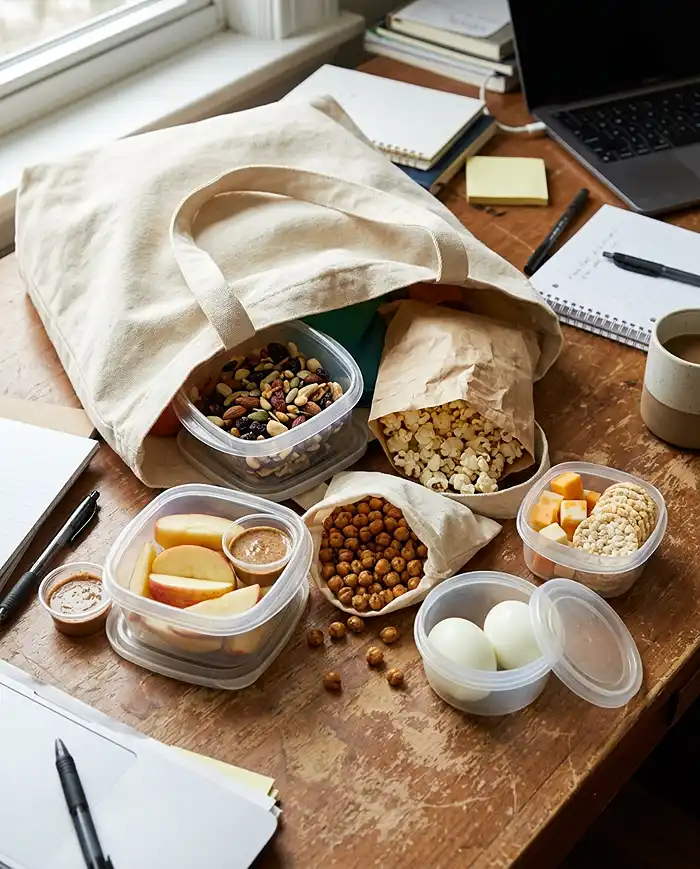 Gluten Free Snacks Ideas 3 On the go gluten free snacks ideas packed with trail mix, apple slices, roasted chickpeas, and rice crackers