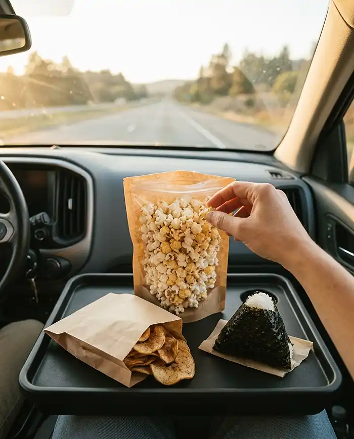 Gluten Free Snacks on the Go 8 Road trip gluten free snacks on the go with popcorn, apple chips, and onigiri in the car