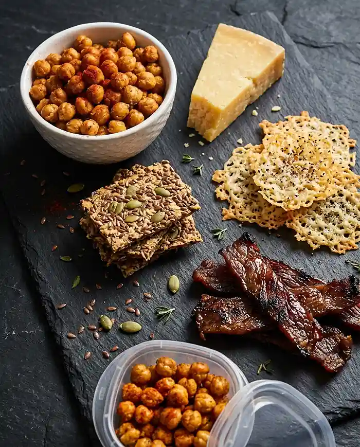 Gluten Free Snacks on the Go 2 Savory gluten free snacks on the go including crispy chickpeas, seeded crackers, and beef jerky