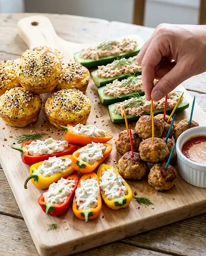 High Protein Gluten Free Snacks 5 Savory high protein gluten free snacks including egg bites, tuna cucumber boats, and stuffed mini peppers