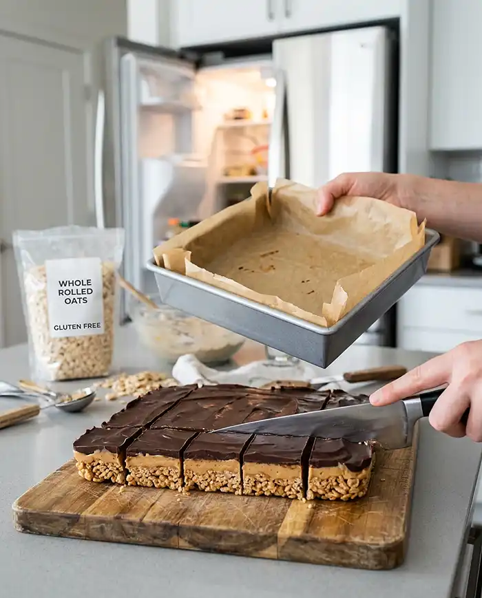 No Bake Gluten Free Snacks 9 Slicing chilled no bake gluten free snacks into clean bars after setting in the fridge