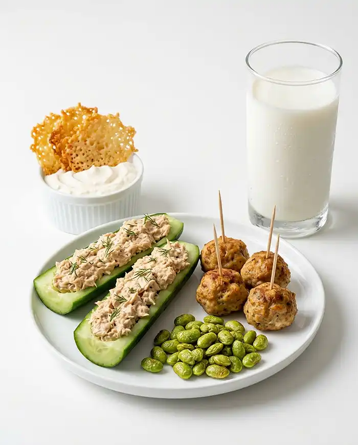 High Protein Gluten Free Snacks 6 Stacked high protein gluten free snacks plate with cottage cheese dip, parmesan crisps, tuna boats, and meatballs