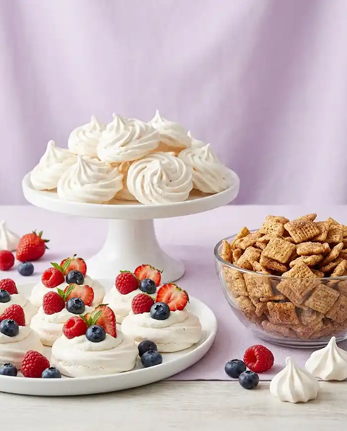 Gluten Free Snacks for Party 6 Sweet gluten free party snacks including meringue cookies, mini pavlovas, and cinnamon sugar snack mix