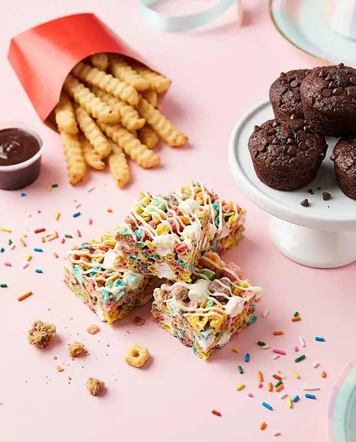 Sweet gluten free snacks for kids like cookie fries, no bake cereal bars, and chocolate zucchini muffins
