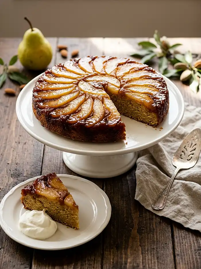Pear Almond Upside Down Cake 4 cozy snack cake